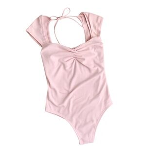 Pink Ruched Front Bodysuit – Open Back Tie Detail, Soft Stretchy One-Piece